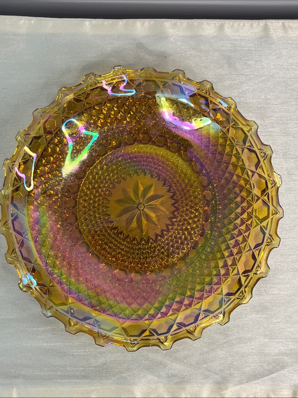 Vintage Indiana Glass Marigold Carnival Glass Hostess Bowl 10 Inch Diamond Point